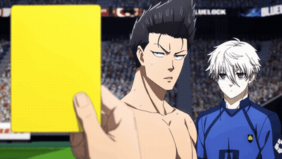 A Man Without A Shirt Is Holding A Yellow Card In Front Of A Referee GIF