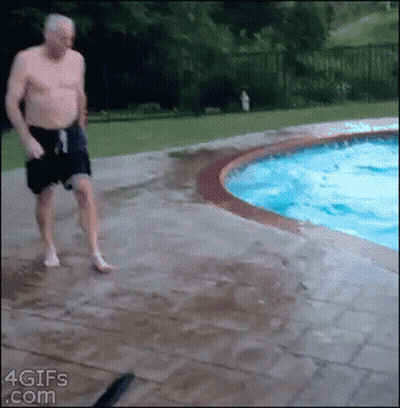 A Man Without A Shirt Is Jumping Into A Swimming Pool With 4Gifs.com Written On The Bottom GIF