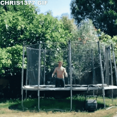 A Man Without A Shirt Is Jumping On A Trampoline With Chris1377 Gif Written Above Him GIF