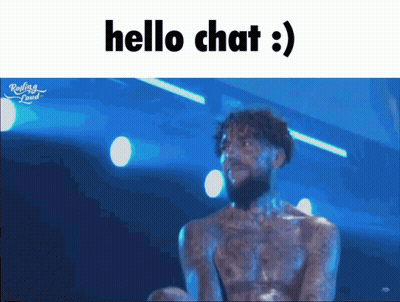 A Man Without A Shirt Is On A Stage With The Words Hello Chat Behind Him GIF