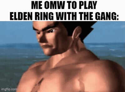 A Man Without A Shirt Is Playing Elden Ring With A Gang . GIF