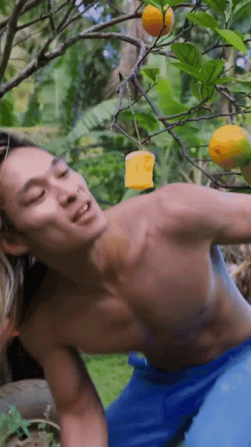 A Man Without A Shirt Is Reaching For An Orange From A Tree GIF