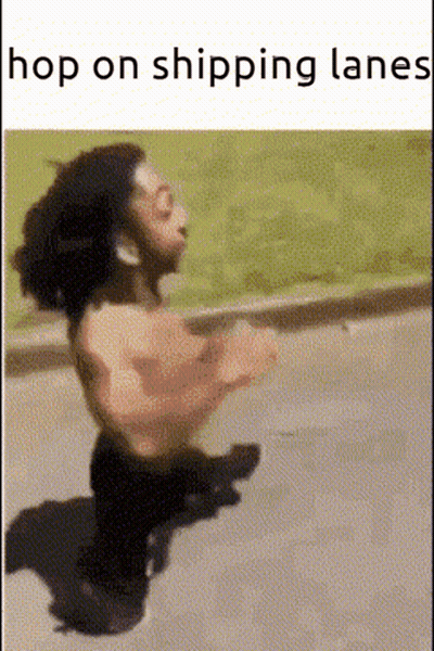 A Man Without A Shirt Is Running Down A Street With The Words Hop On Shipping Lanes Above Him GIF