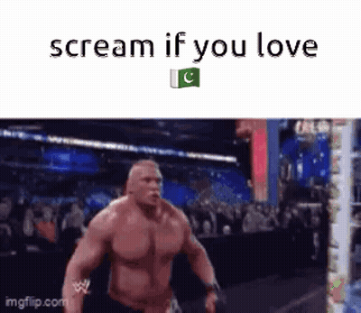 A Man Without A Shirt Is Running In A Wrestling Ring With The Words `` Scream If You Love '' Written Above Him . GIF