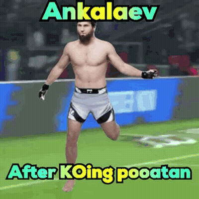 A Man Without A Shirt Is Running On A Soccer Field With The Words " Ankalev After Koing Pooatan " Below Him GIF