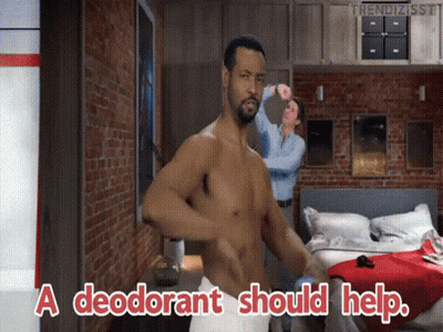 A Man Without A Shirt Is Standing In A Bedroom With The Words A Deodorant Should Help GIF