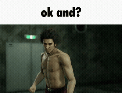 A Man Without A Shirt Is Standing In A Dark Room With The Words Ok And ? Above Him . GIF