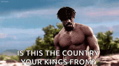 A Man Without A Shirt Is Standing In A Field And Asking Is This The Country Your Kings From GIF