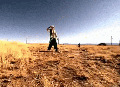 A Man Without A Shirt Is Standing In A Field Of Dry Grass . GIF