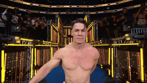 A Man Without A Shirt Is Standing In A Stadium With A Crowd Behind Him GIF