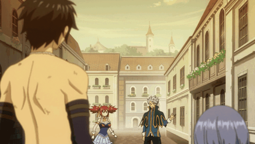 A Man Without A Shirt Is Standing In A Street Talking To A Woman And A Boy GIF