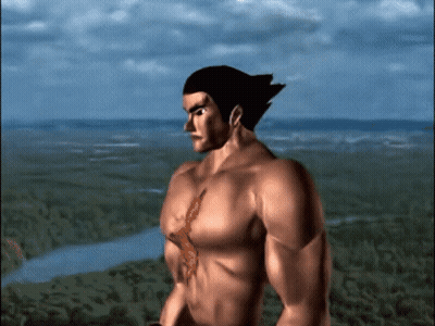 A Man Without A Shirt Is Standing In Front Of A Body Of Water GIF