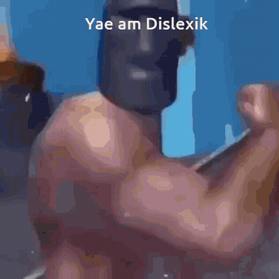 A Man Without A Shirt Is Standing In Front Of A Car With The Words Yae Am Dislexik Written On The Bottom GIF