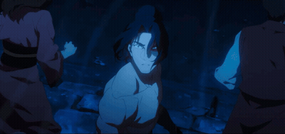 A Man Without A Shirt Is Surrounded By A Group Of People In A Dark Room GIF