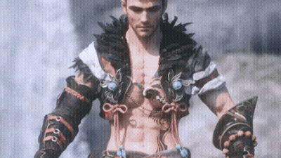 A Man Without A Shirt Is Wearing A Feathered Jacket And Holding A Sword GIF