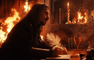 A Man Writes On A Piece Of Paper With A Feather In Front Of A Fire GIF