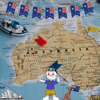 A Map Of Australia With Flags On It And A Monkey Pointing At It GIF
