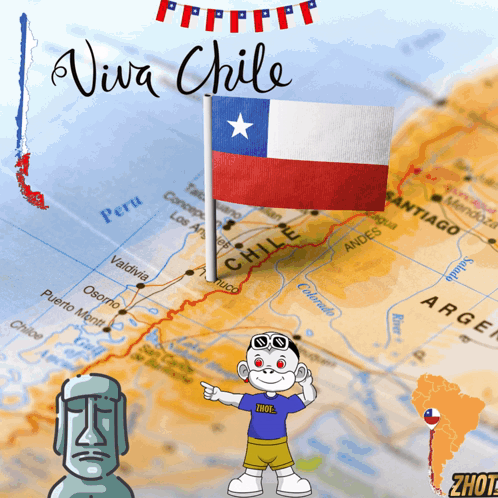 A Map Of Chile With A Flag And The Words Viva Chile GIF