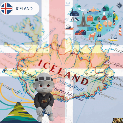 A Map Of Iceland Is Shown With A Cartoon Character In Front Of It GIF