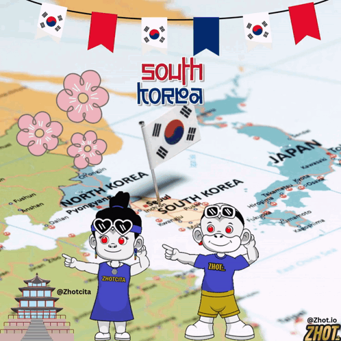 A Map Of South Korea With Two Cartoon Characters Pointing At It GIF