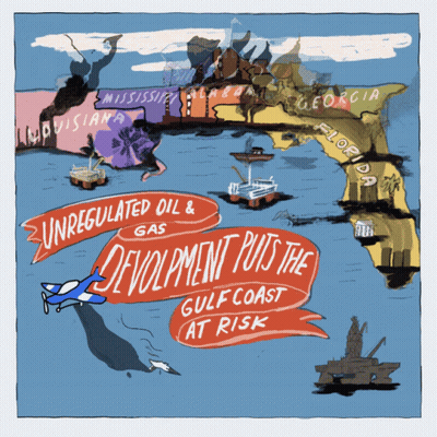 A Map Of The Gulf Coast With The Words " Unregulated Oil And Gas Development Puts The Gulf Coast At Risk " On It GIF