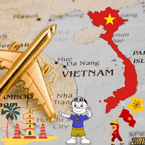 A Map Of Vietnam With A Cartoon Character Pointing To It GIF