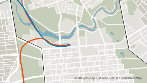 A Map Showing A City And Surrounding Areas Is Created By Geolayers.app And Openstreetmap GIF