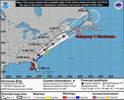 A Map Showing The Path Of Hurricane Elsa On Tuesday July 06 2021 GIF
