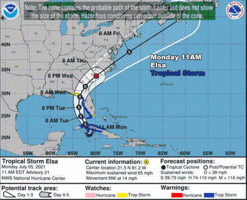 A Map Showing The Path Of Tropical Storm Elsa On Monday July 5 2021 GIF