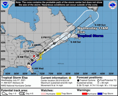 A Map Showing The Path Of Tropical Storm Elsa On Wednesday July 7 2021 GIF