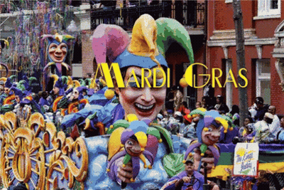 A Mardi Gras Parade With A Large Jester Float In The Foreground GIF