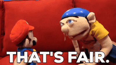 A Mario And A Jeff Puppet Are Sitting On A Red Couch And The Words That 'S Fair Are Above Them GIF