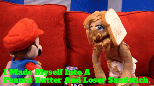 A Mario And A Peanut Butter And Loser Sandwich Puppet GIF