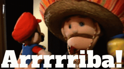 A Mario And Donkey Kong Puppet Are Standing Next To Each Other And The Words Arrrriba Are Visible GIF