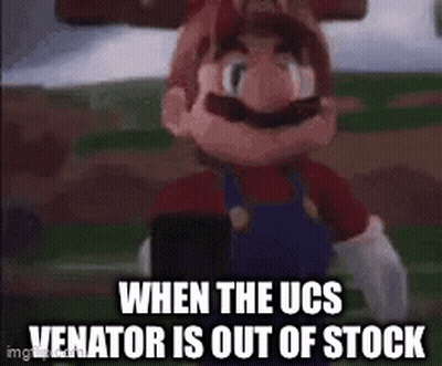 A Mario Doll Is Standing In A Field With The Words `` When The Ucs Venator Is Out Of Stock '' GIF