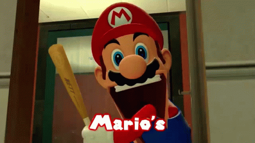 A Mario Holding A Baseball Bat With The Words Mario 'S On The Bottom Right GIF
