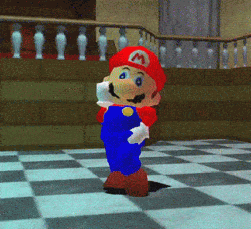 A Mario Video Game Character Is Standing On A Checkerboard Floor GIF