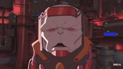 A Marvel Hq Advertisement With A Cartoon Character In A Helmet GIF