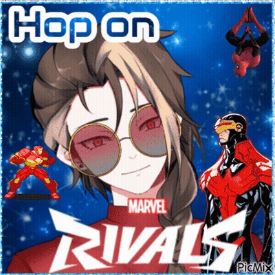 A Marvel Rivals Poster With A Woman Wearing Glasses GIF