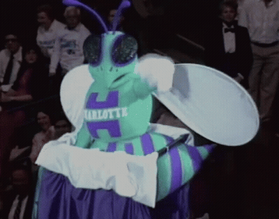 A Mascot For Charlotte Is Wearing A Blue And Purple Outfit GIF