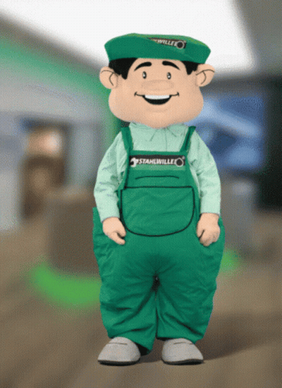 A Mascot For Stahlwille Is Standing In A Room GIF