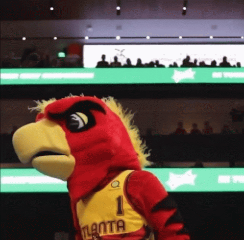 A Mascot For The Atlanta Hawks Wears A Number 1 Jersey GIF