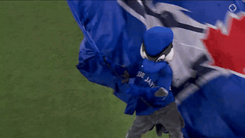 A Mascot For The Blue Jays Is Holding A Flag GIF
