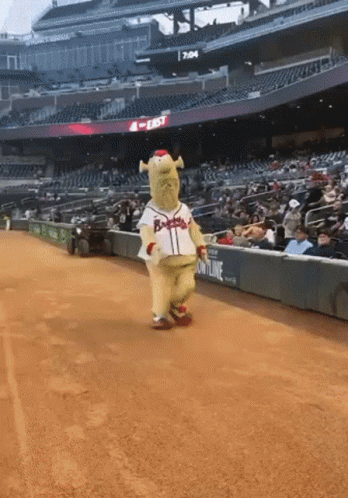 A Mascot For The Braves Is Walking On The Baseball Field GIF