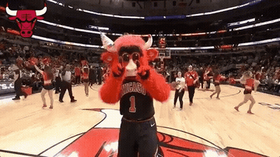 A Mascot For The Chicago Bulls Is Dancing On The Court GIF