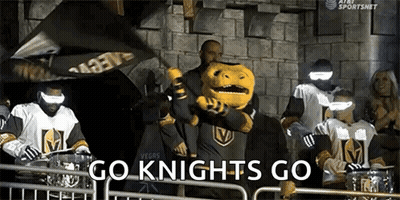 A Mascot For The Golden Knights Is Holding A Flag And Waving It In Front Of A Crowd Of People . GIF