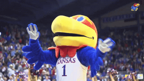 A Mascot For The Kansas Basketball Team Stands In Front Of A Crowd GIF