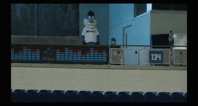 A Mascot For The Miami Dolphins Is Standing On A Balcony In A Stadium . GIF