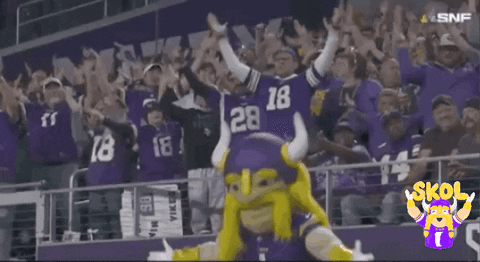 A Mascot For The Minnesota Vikings Is Dancing In Front Of A Crowd Of Fans GIF