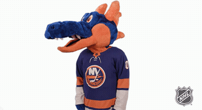 A Mascot For The New York Islanders Is Wearing A Blue And Orange Jersey GIF
